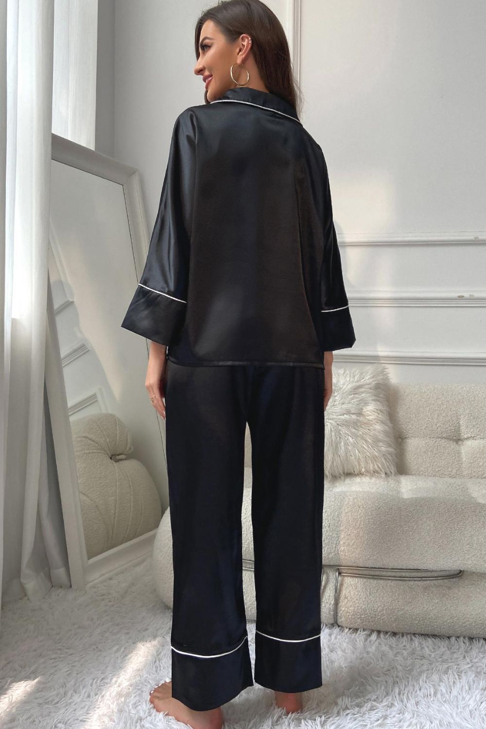 Hazel Blues® |  Contrast Piping Button-Up Top and Pants Pajama Set