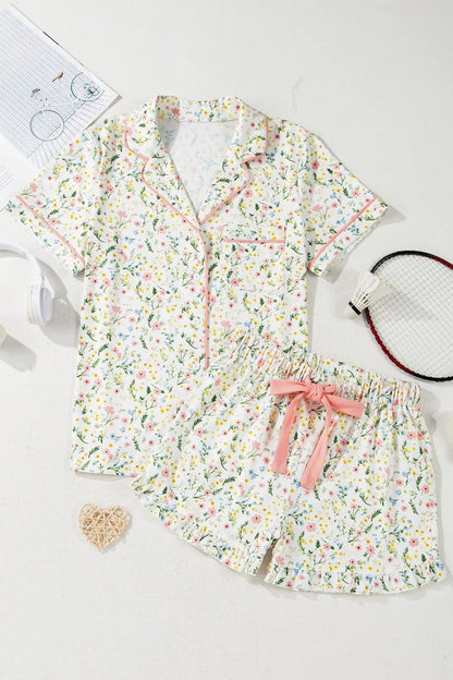 Hazel Blues® |  Printed Button Up Short Sleeve Top and Shorts Lounge Set