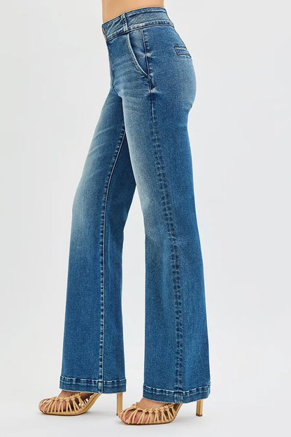 Hazel Blues® | RISEN Tummy Control High Rise Bootcut Jeans with Double Button Waistband