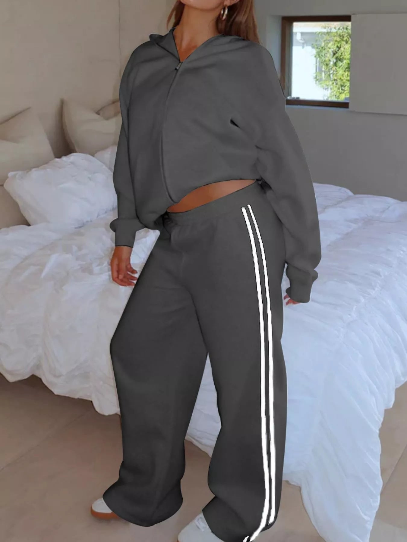 Hazel Blues® |  Zip Up Hoodie and Striped Pants Set