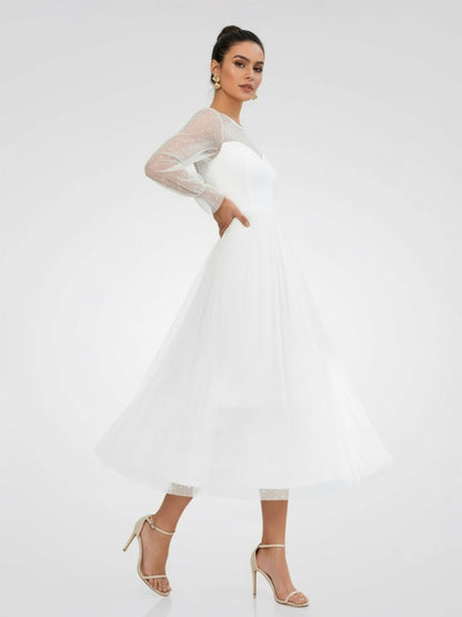 Elegant A-Line Long Sleeve Tea Length Wedding Dresses