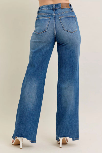 Hazel Blues® | Judy Blue High Waist Tummy Control Chew Hem Destroy Wide Jeans