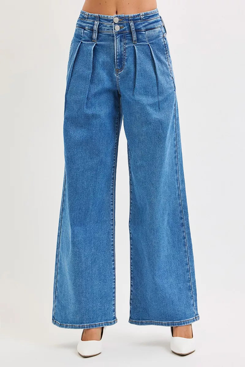 Hazel Blues® | RISEN Mid Rise Fit Wide Leg with Pleated Detail Jeans