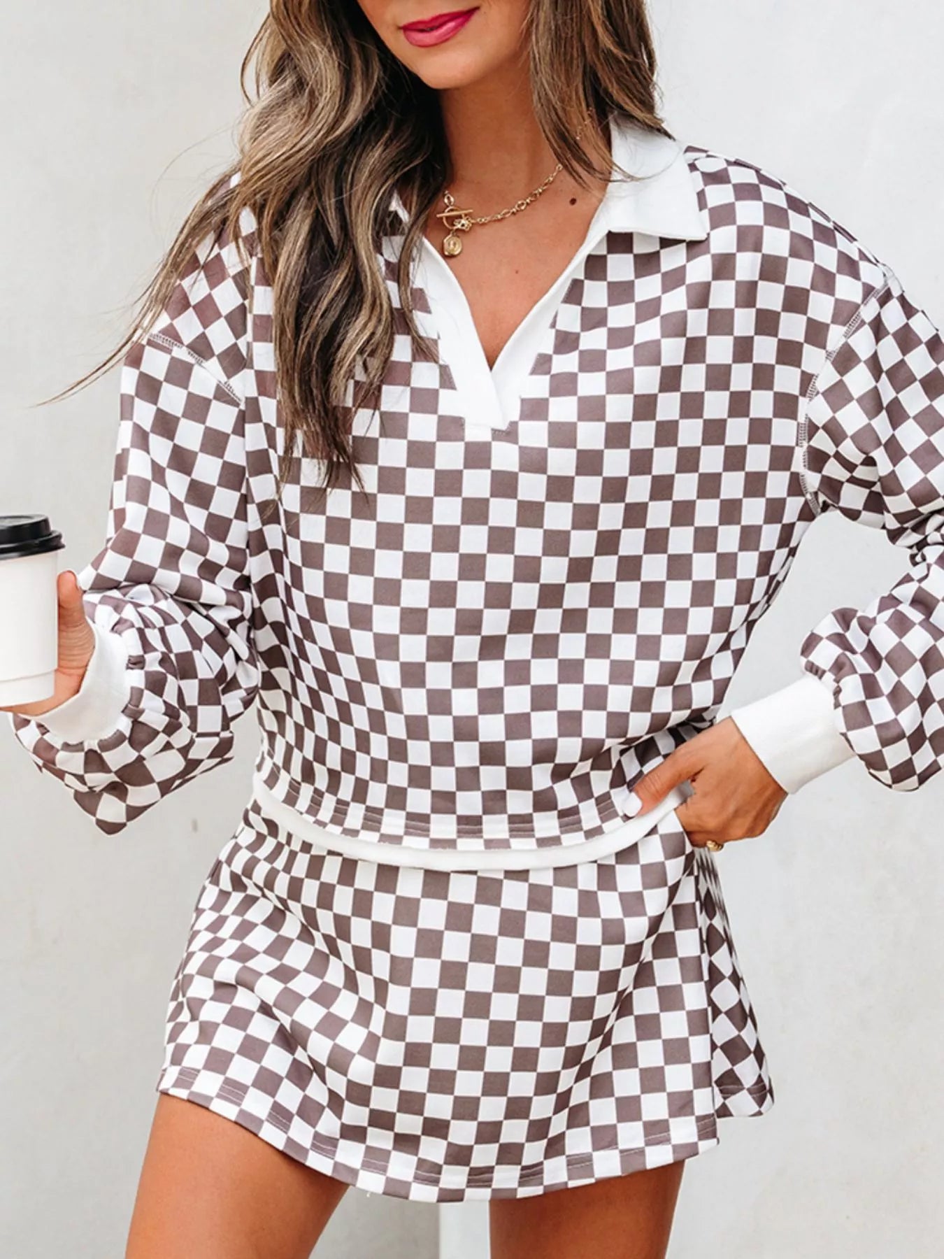 Hazel Blues® |  Checkered Print Polo Collar Cropped Long Sleeve Top and Drawstring Mini Skirt Set