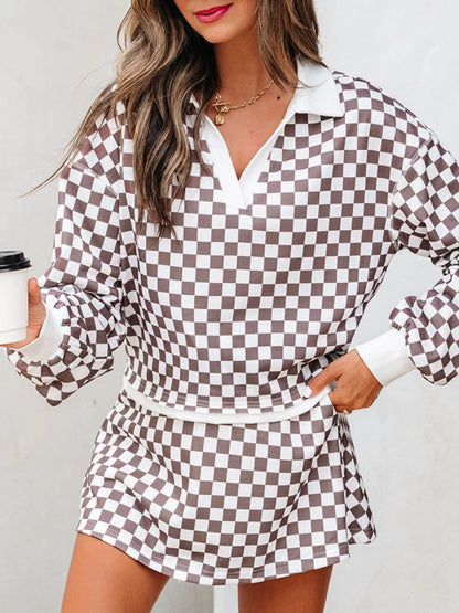 Hazel Blues® |  Checkered Print Polo Collar Cropped Long Sleeve Top and Drawstring Mini Skirt Set