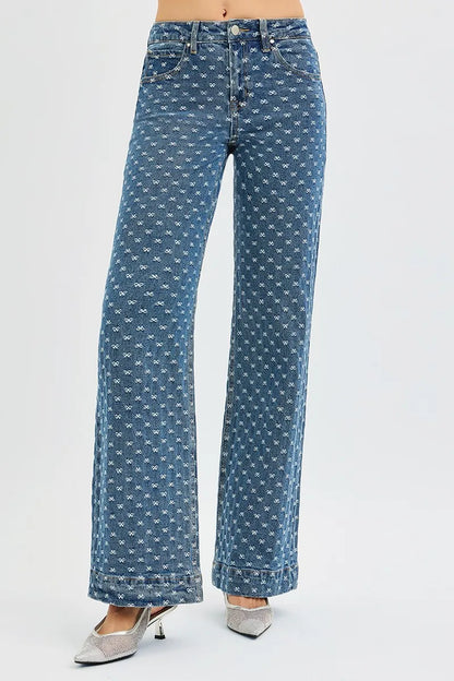 Hazel Blues® |  RISEN High Rise Wide Leg Bow Embroidered Jeans