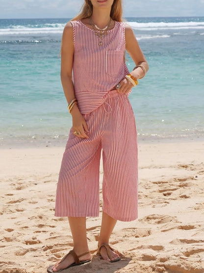 Hazel Blues® |  Striped Sleeveless Top and Cropped Pants Set