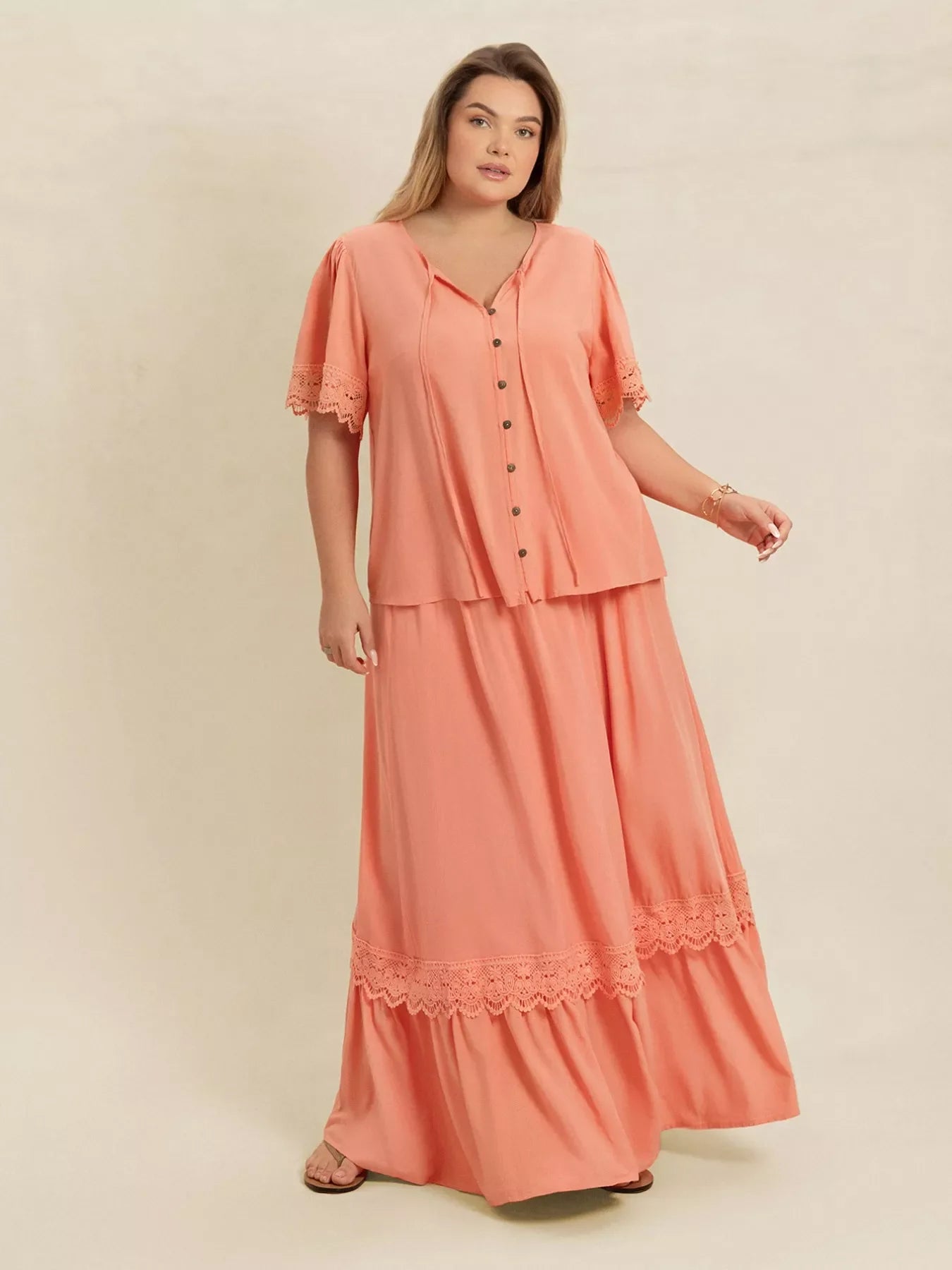 Hazel Blues® | Lace Detail Tie Neck Top and Skirt Set