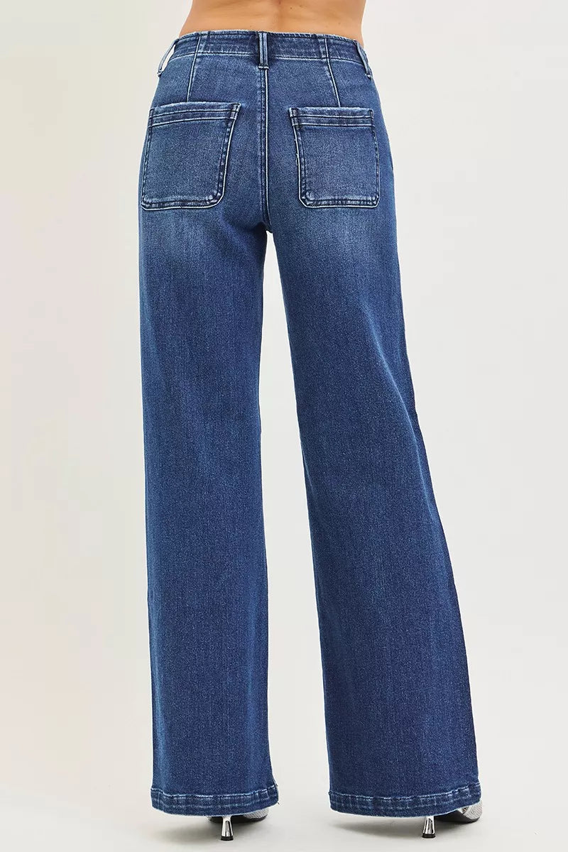 Hazel Blues® |  RISEN High Rise Wide Leg Slanted Pocket Jeans