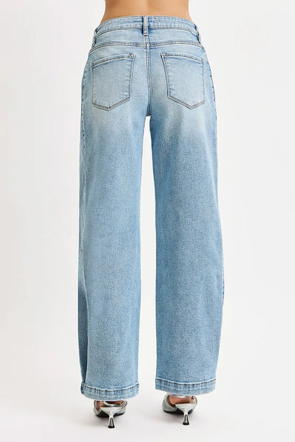 Hazel Blues® |  RISEN Mid Rise Wide Barrel Transferable Leg Snap Jeans