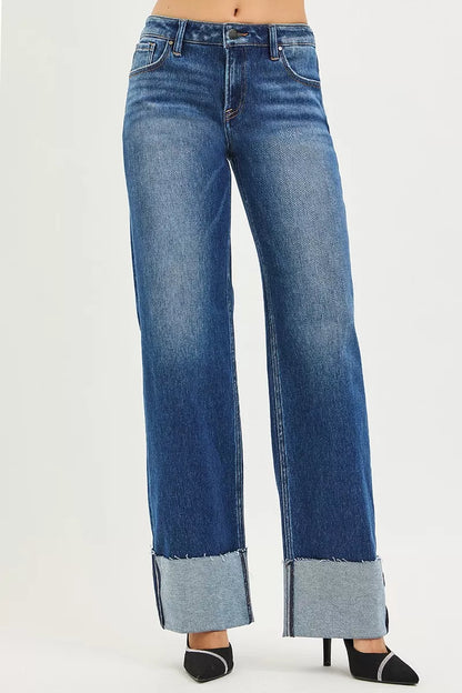 Hazel Blues® |  RISEN Mid Rise Wide Straight Jeans With Wide Cuff