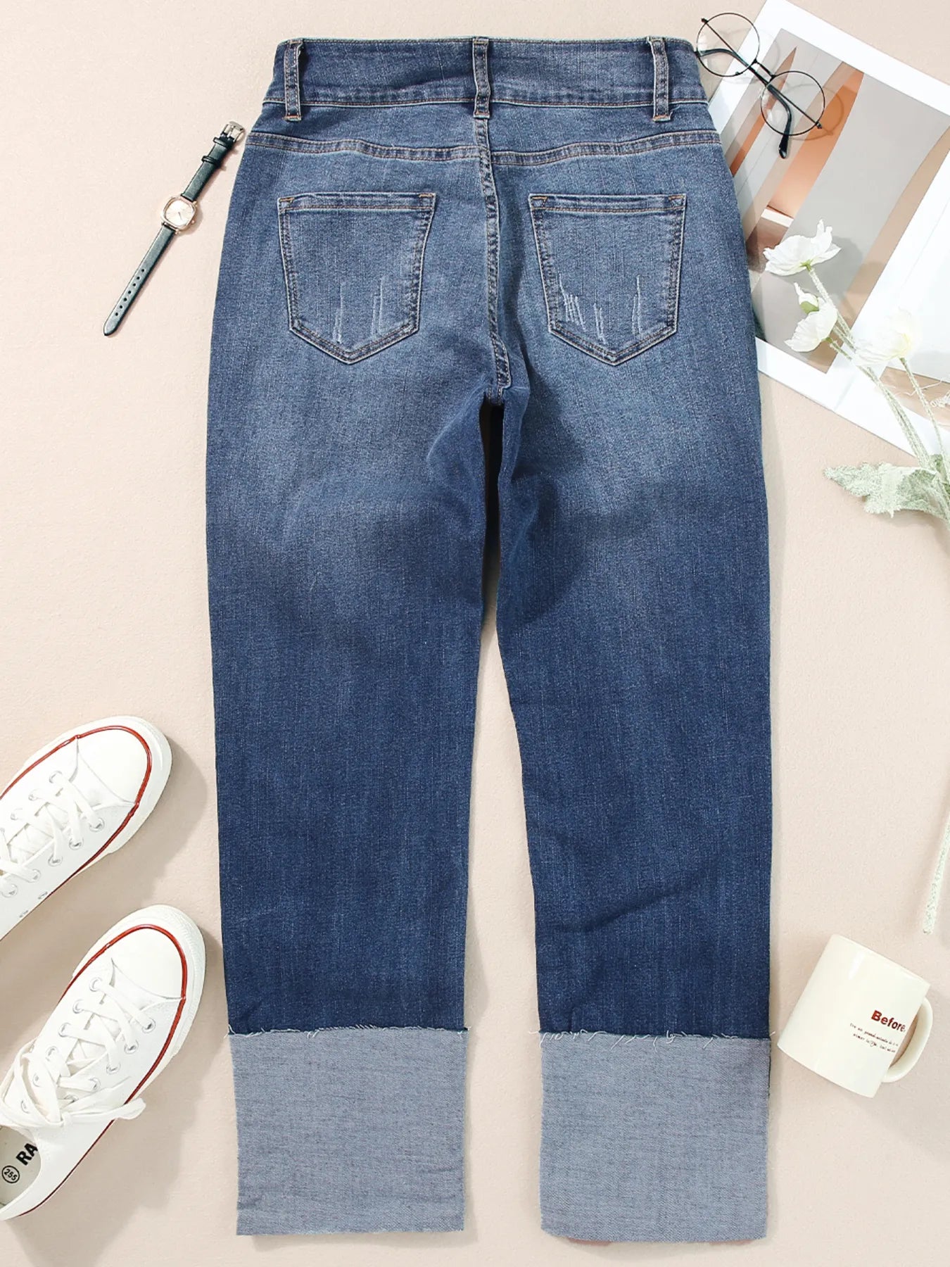 Hazel Blues® |  High Waist Distressed Straight Leg Jeans