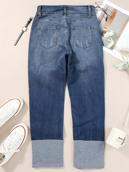 Hazel Blues® |  High Waist Distressed Straight Leg Jeans