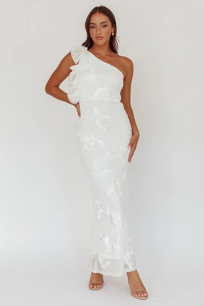 Deanna One-Shoulder Ruffle Maxi Dress Floral Texture White