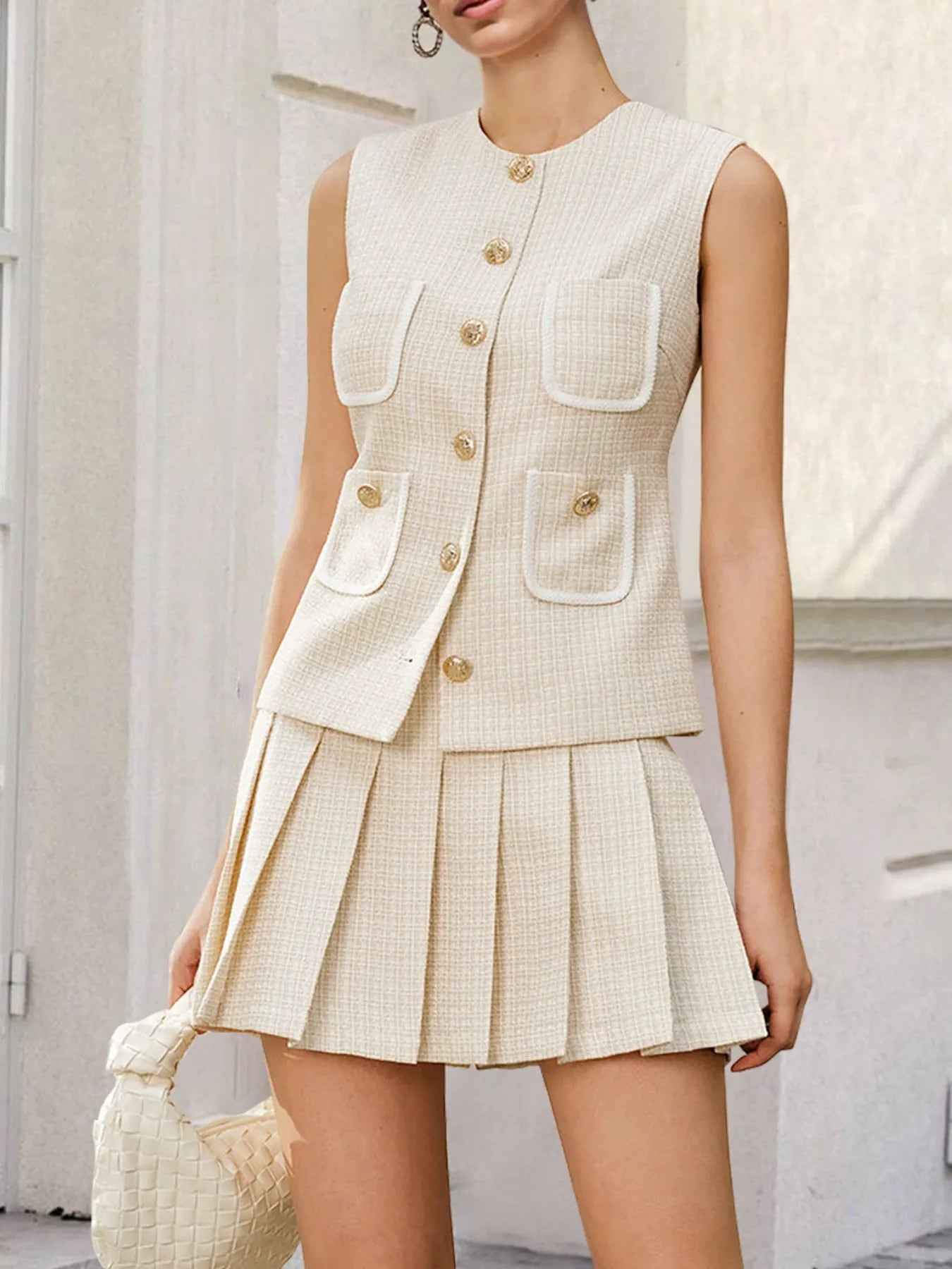 Hazel Blues® |  Tweed Button-Front Vest and Pleated Skirt Set