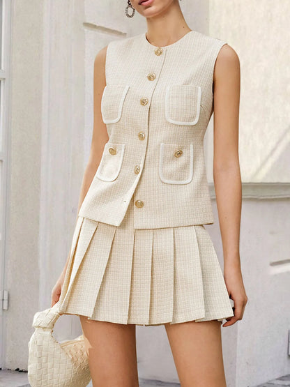 Hazel Blues® |  Tweed Button-Front Vest and Pleated Skirt Set