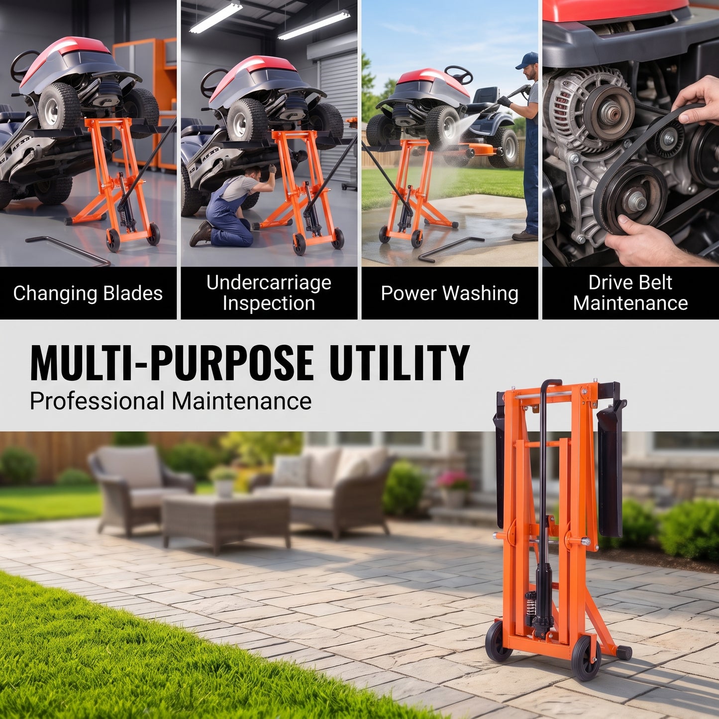 Lawn Mower Lift with Hydraulic Jack, 500 Lbs Weight Capacity, Solid Carbon Steel Lawn Mower Lift, Adjustable Movable Lawn Lifter for Riding Tractors and Zero Turn Lawn Mowers, Orange