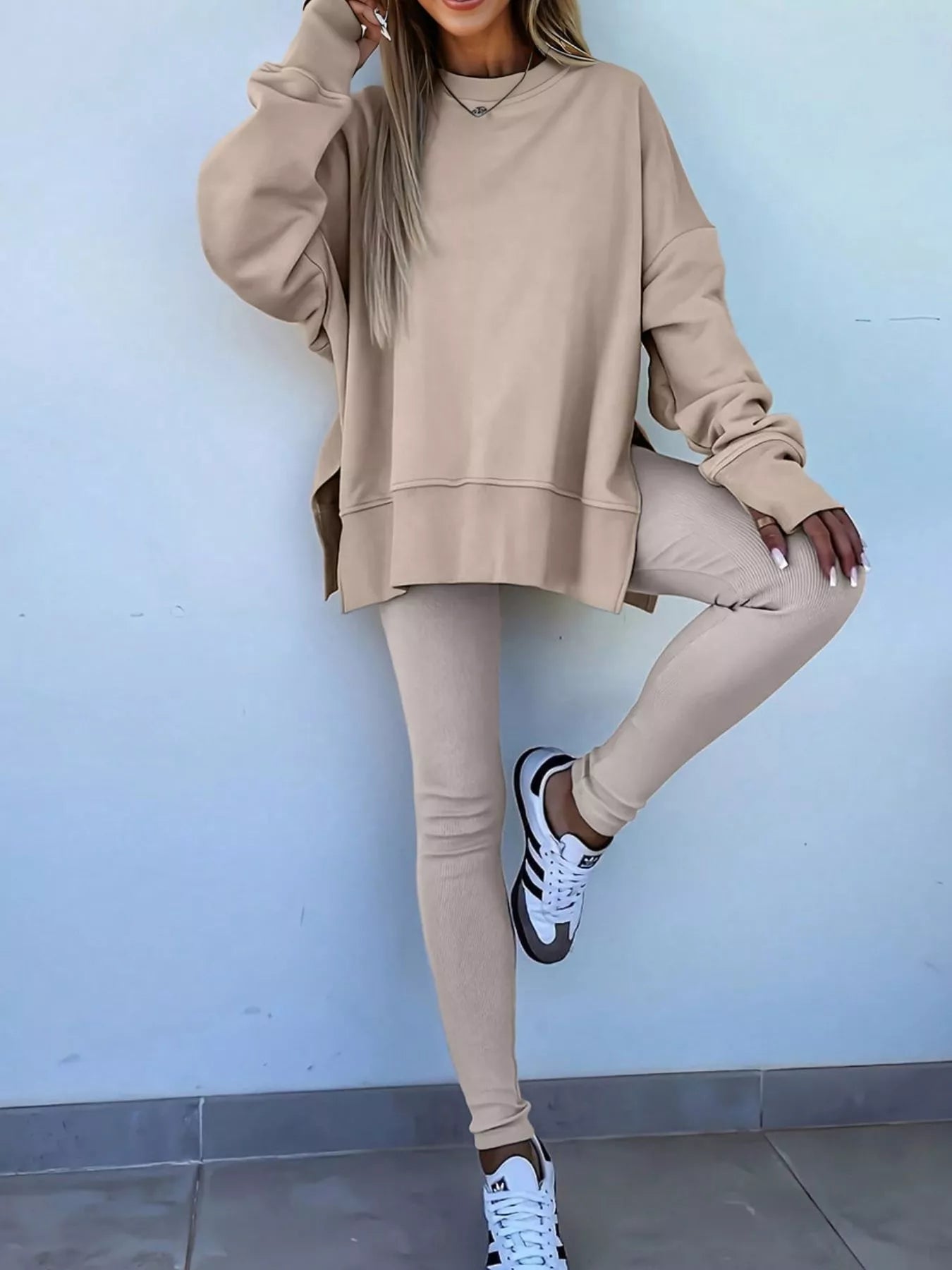 Hazel Blues® |  Solid Color Oversize Slit Sweatshirt and Ribbed Leggings 2pcs Set