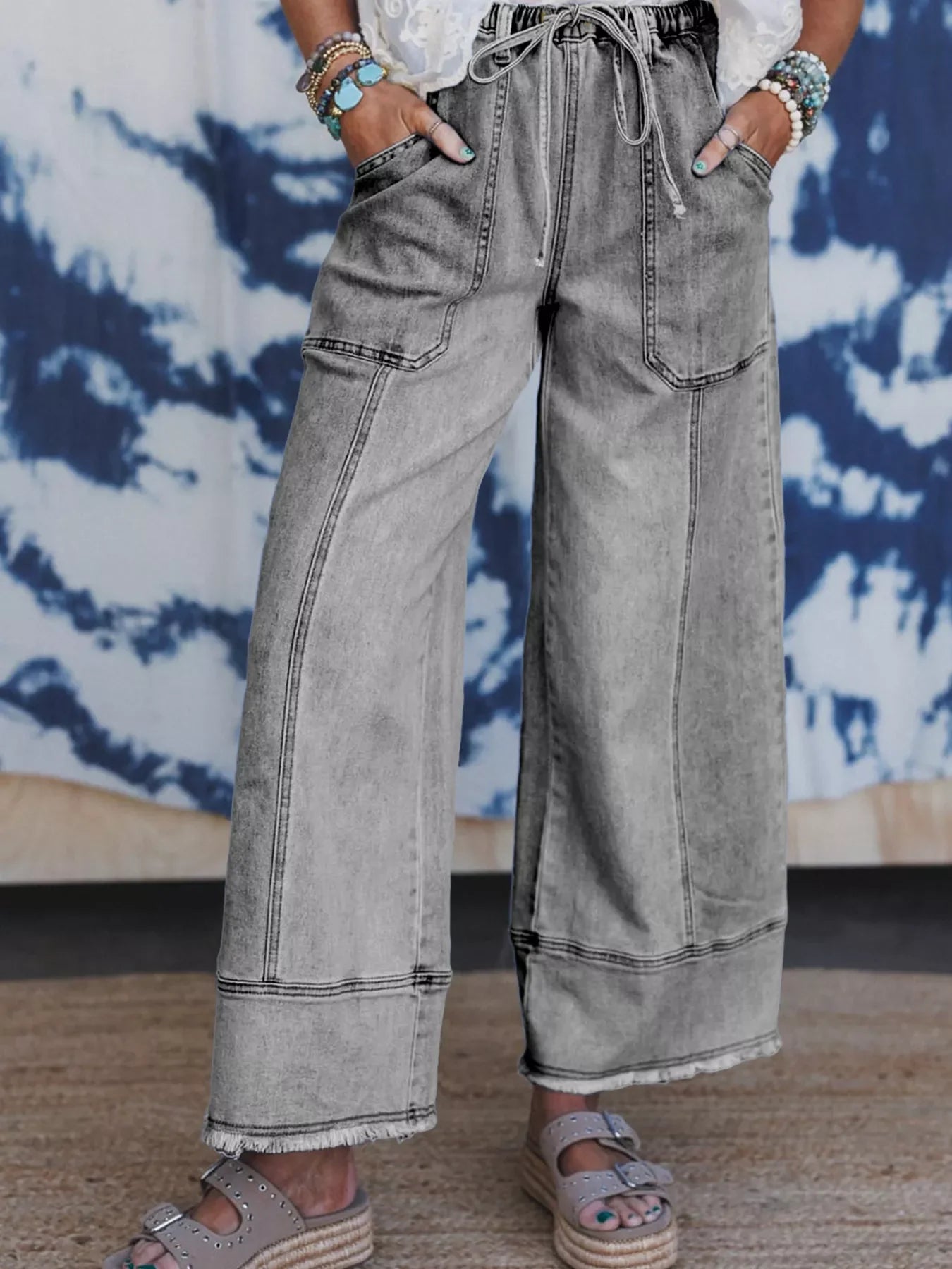 Hazel Blues® |  Wide Leg Drawstring Raw Hem Jeans