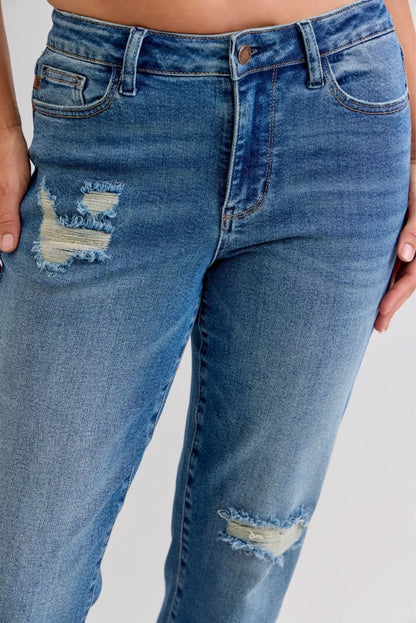 Hazel Blues® | Judy Blue Mid Rise Bf Patch & Repair Destroy Release Hem Jeans