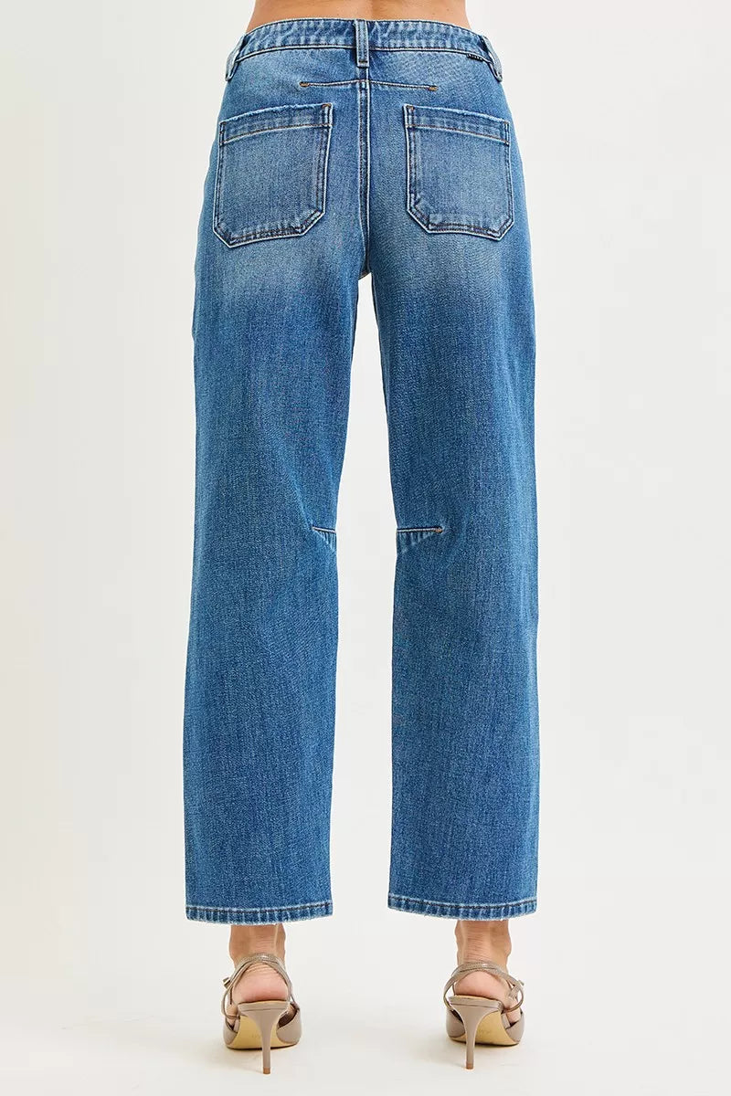 Hazel Blues® |  RISEN 4 Way Stretch Mid Rise Barrel Jeans with Patch Pocket Detail