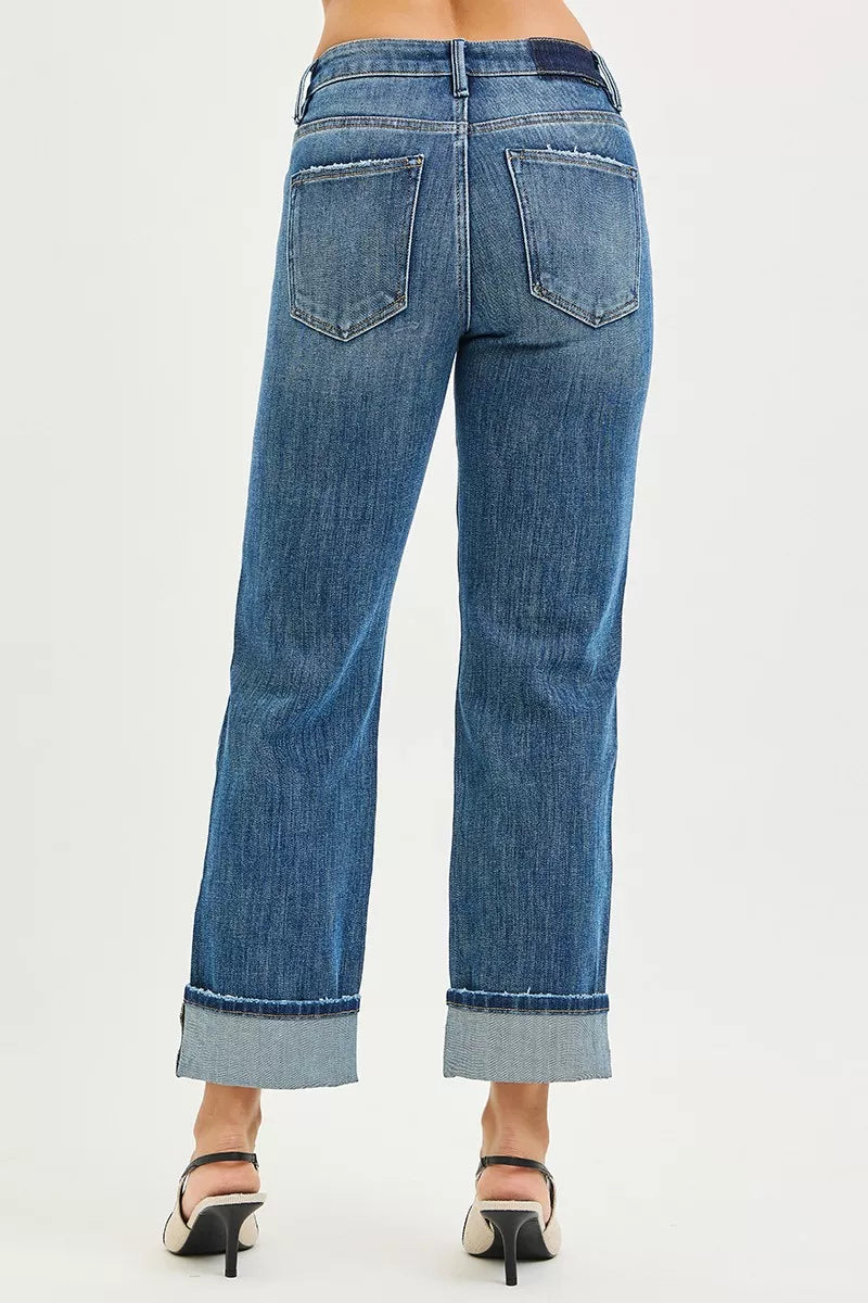 Hazel Blues® | RISEN 4 Way Stretch Slouchy Straight Jeans with Cuffed Hem