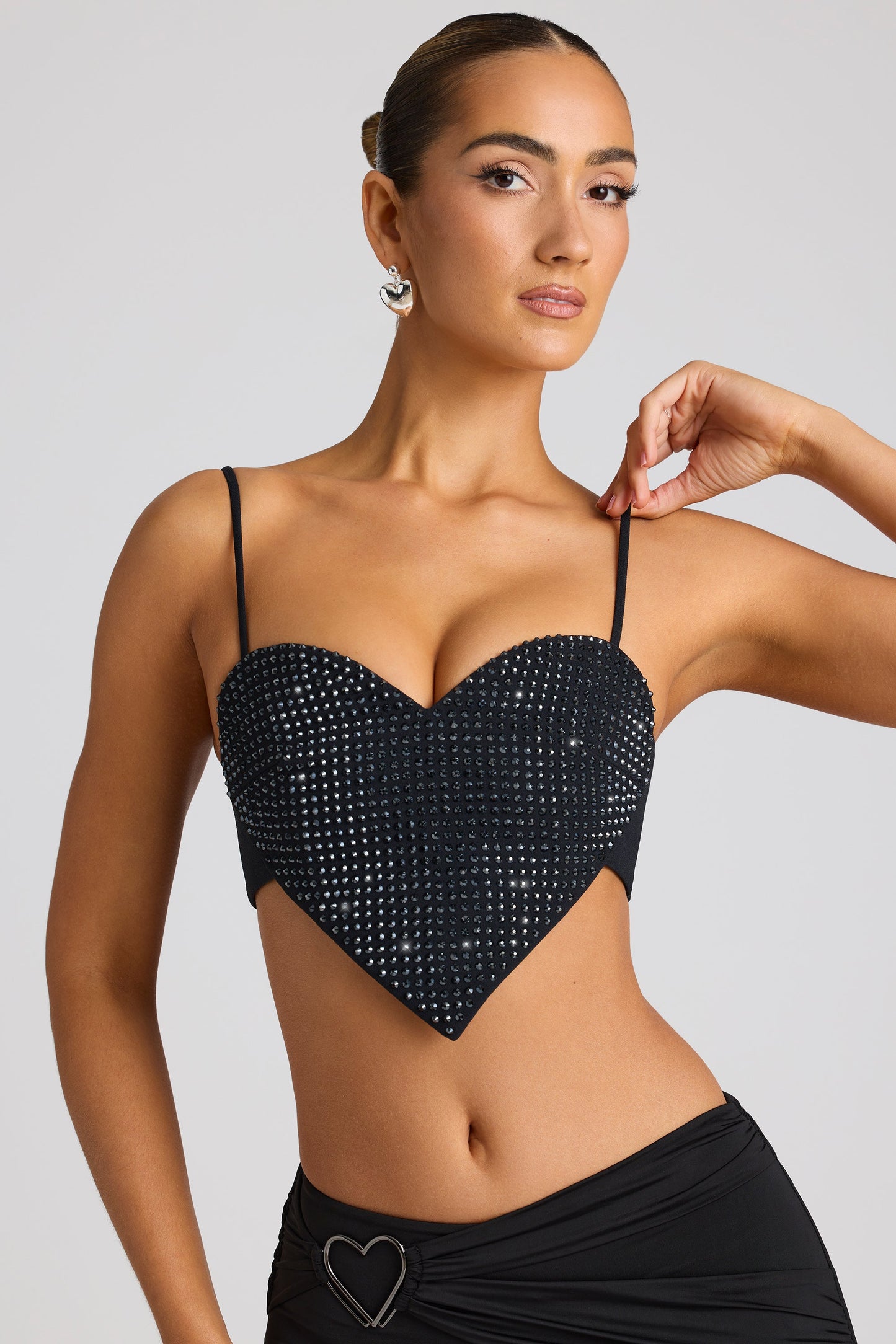 Embellished Statement Heart Shaped Crop Top in Black