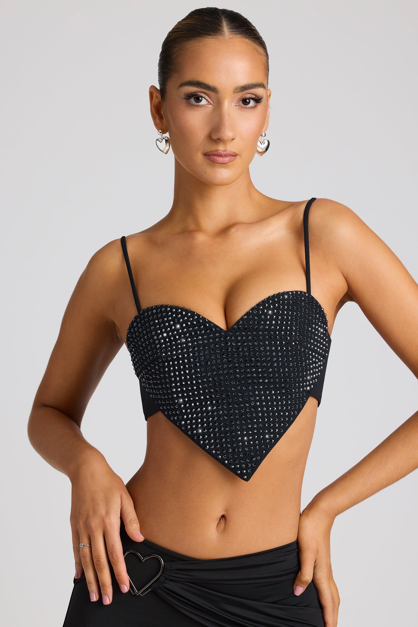 Embellished Statement Heart Shaped Crop Top in Black