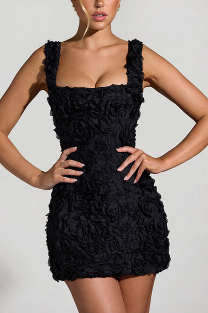 Floral-Appliqué Square-Neck Corset Mini Dress in Black