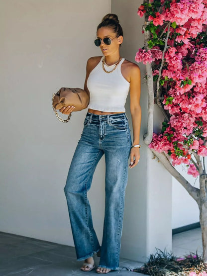 Hazel Blues® |  Frayed Hem High-Waisted Wide Leg Jeans