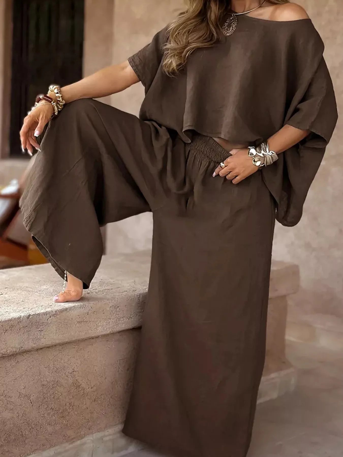 Hazel Blues® | Boat Neck Top and Wide Leg Pants Set