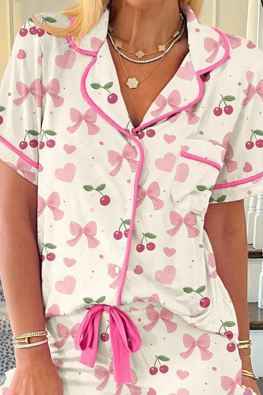 Hazel Blues® |  Printed Button Up Short Sleeve Top and Shorts Lounge Set