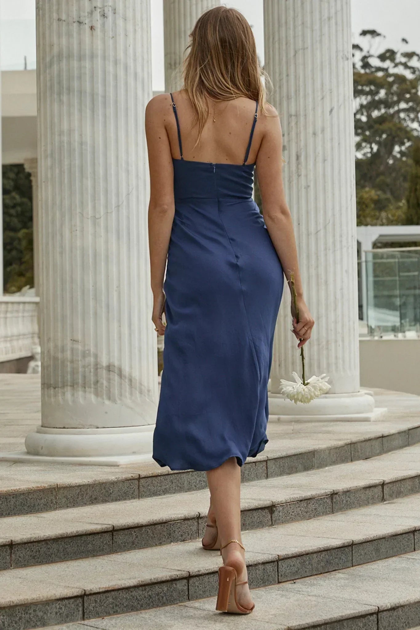Lake Como Fitted Bodice Cami Strap Midi Dress Navy