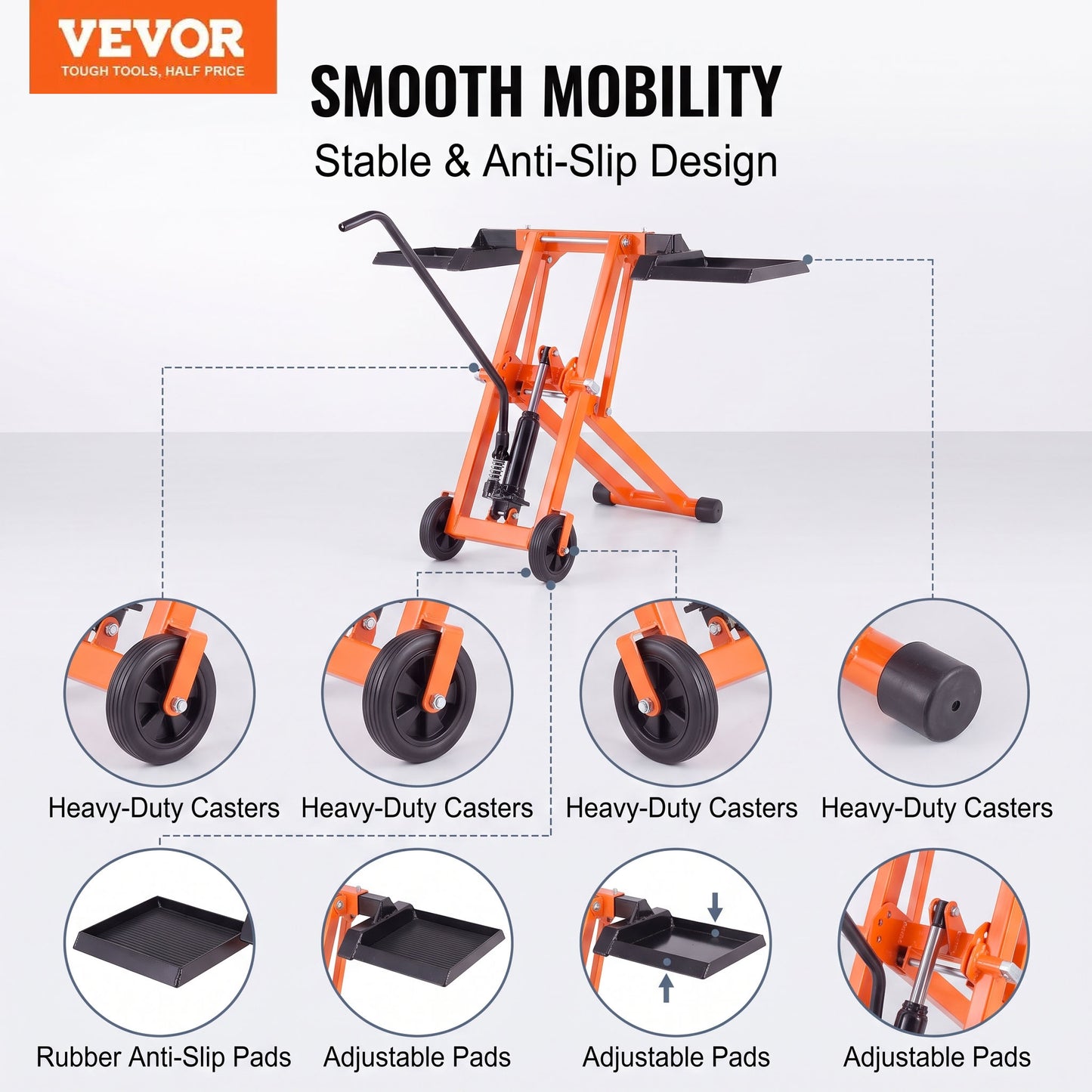 Lawn Mower Lift with Hydraulic Jack, 500 Lbs Weight Capacity, Solid Carbon Steel Lawn Mower Lift, Adjustable Movable Lawn Lifter for Riding Tractors and Zero Turn Lawn Mowers, Orange