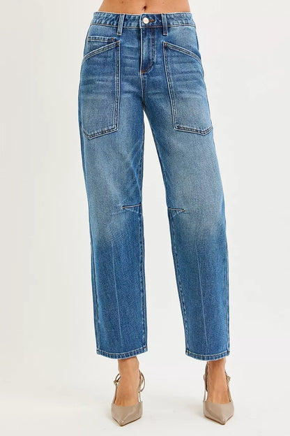 Hazel Blues® |  RISEN 4 Way Stretch Mid Rise Barrel Jeans with Patch Pocket Detail