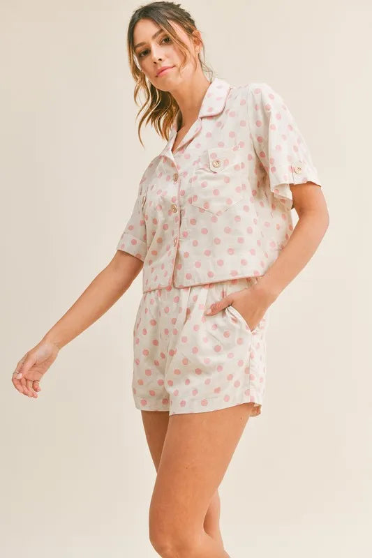 Hazel Blues® |  MABLE Polka Dot Collar Crop Top and Short Lounge Set