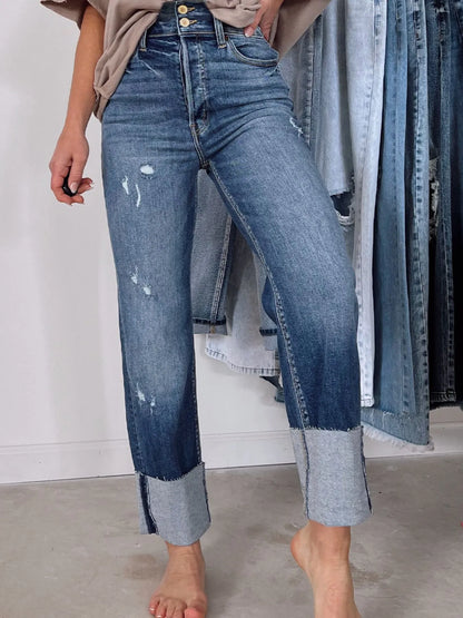 Hazel Blues® |  High Waist Distressed Straight Leg Jeans