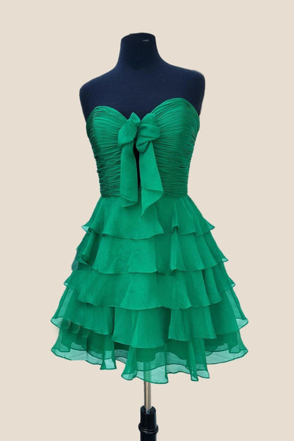 Strapless Green Chiffon Bow Ruffle Short Dress