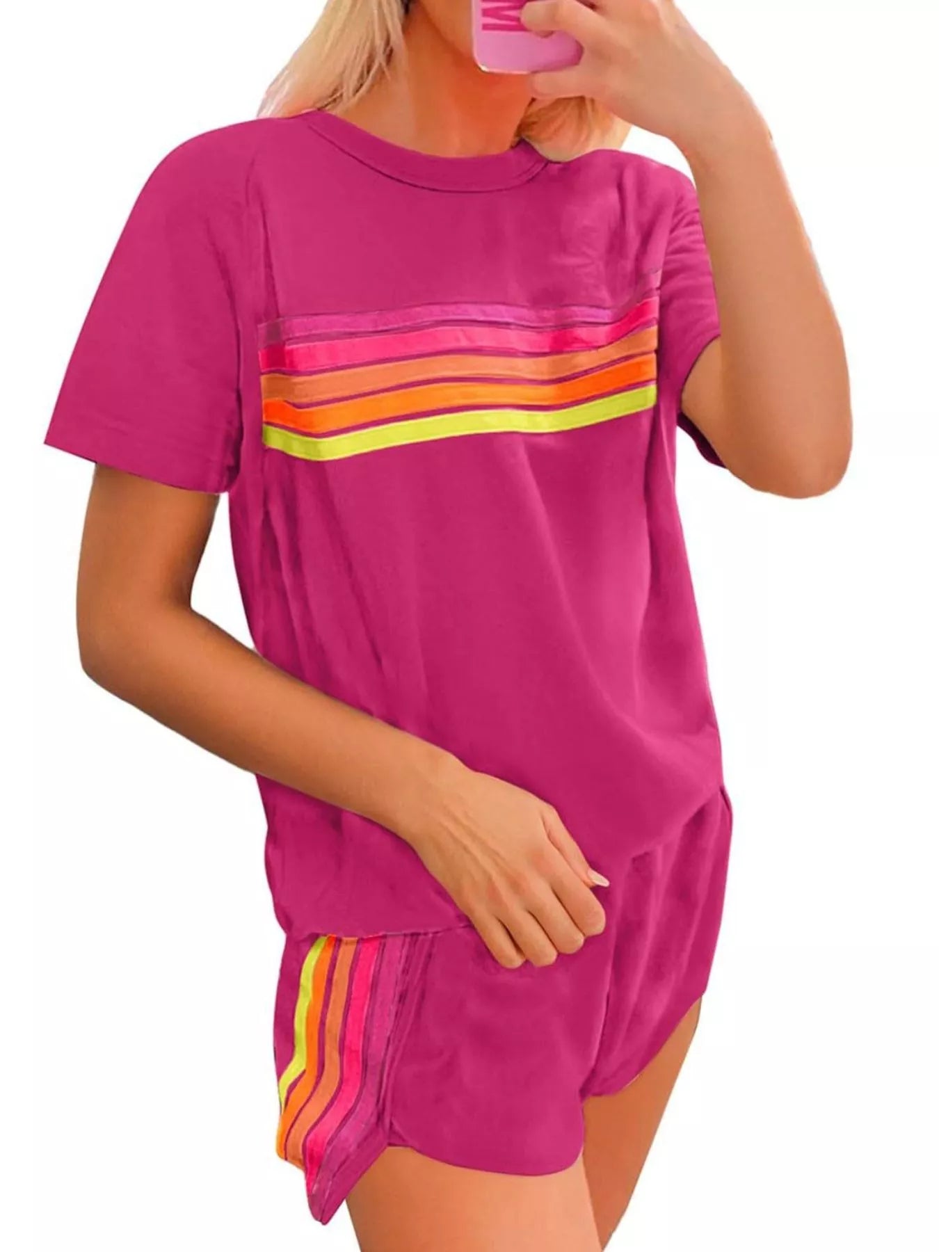 Hazel Blues® |  Rainbow Striped Round Neck Top and Shorts Set