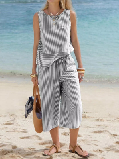 Hazel Blues® |  Striped Sleeveless Top and Cropped Pants Set