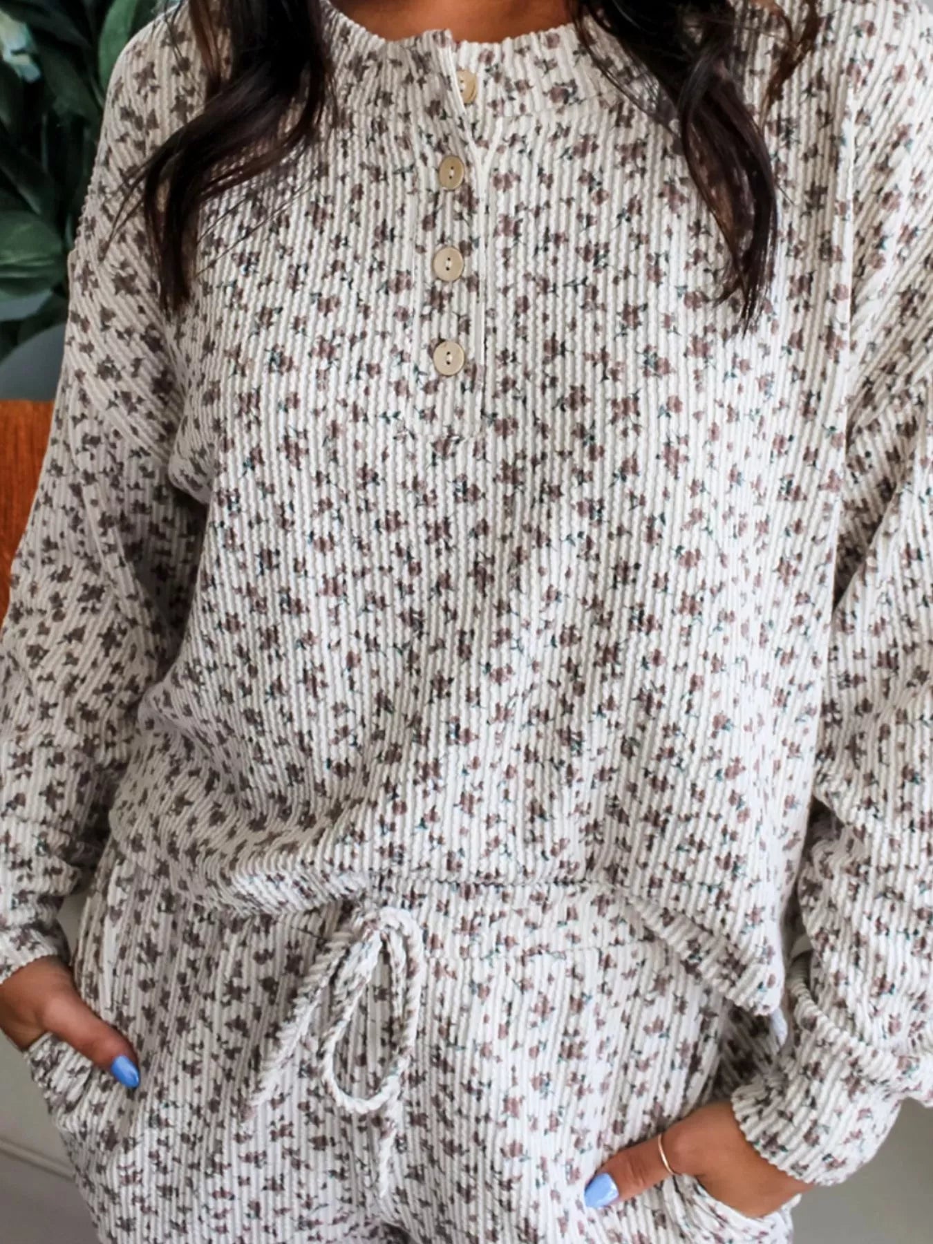 Hazel Blues® |  Spiral Ribbed Floral Print Long Sleeve Henley Top Drawstring Short Set