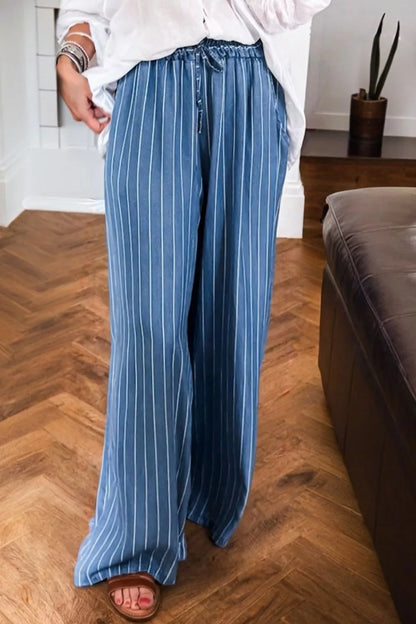 Hazel Blues® |  Stripe Chambray Wide Leg Tied Elastic Waist Jeans