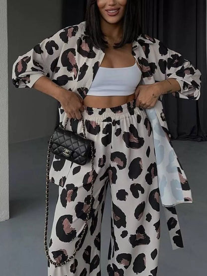 Hazel Blues® |  Leopard Print Relaxed Fit Shirt and Pants Two-Piece Set