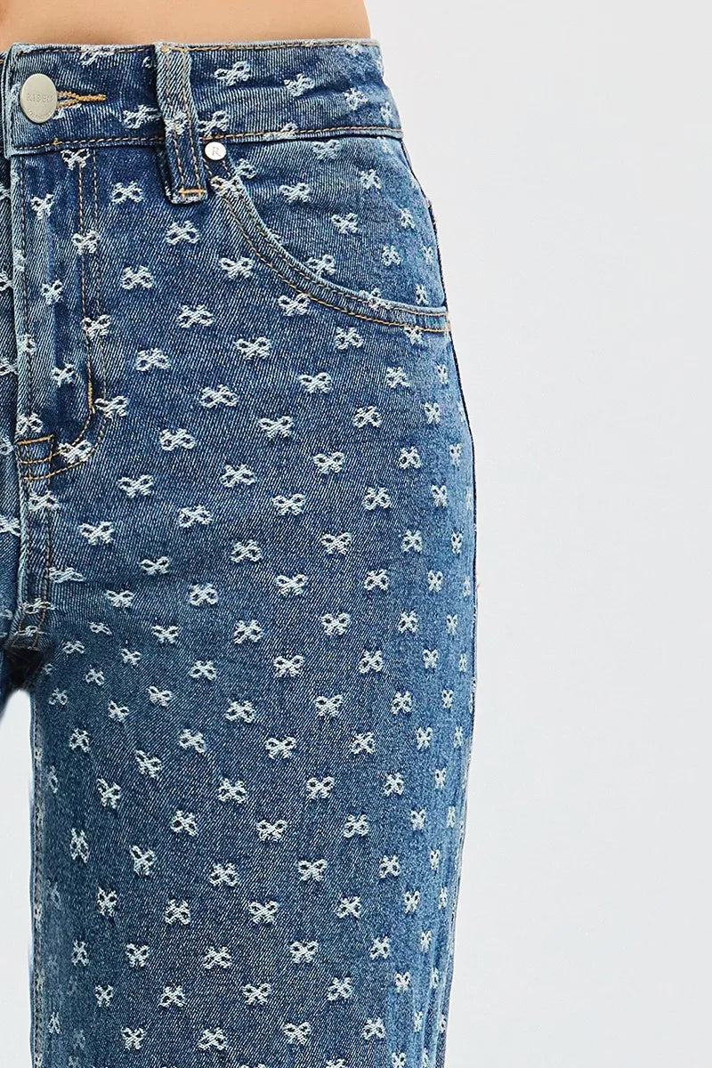 Hazel Blues® |  RISEN High Rise Wide Leg Bow Embroidered Jeans
