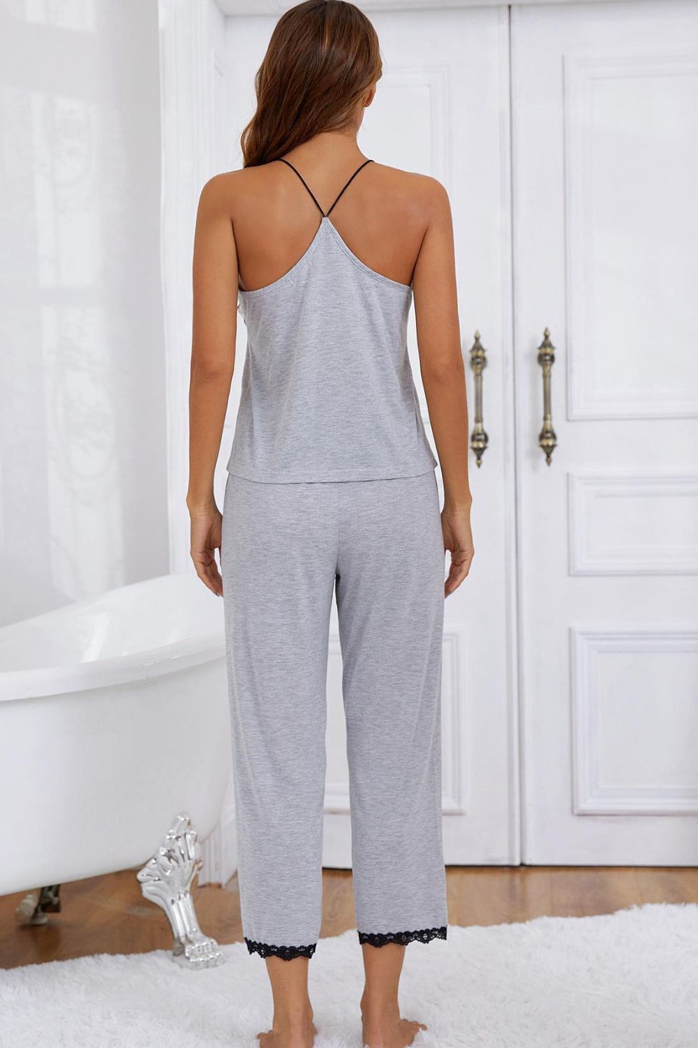 Hazel Blues® |  Halter Neck Cami and Lace Trim Pajama Set