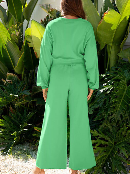 Hazel Blues® |  Drop Shoulder Puff Sleeve Crop Top and Drawstring Wide Leg Pants Set