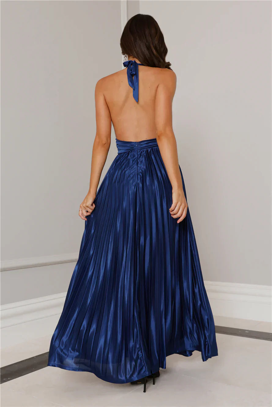 Shimmering Sea Pleated Halter Maxi Dress