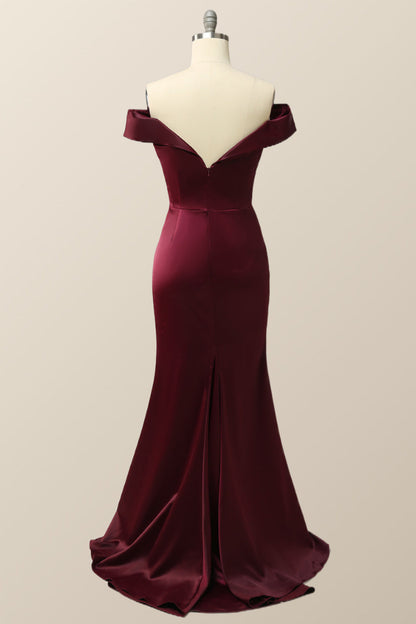 Off the Shoulder Burgundy Mermaid Evening Dress