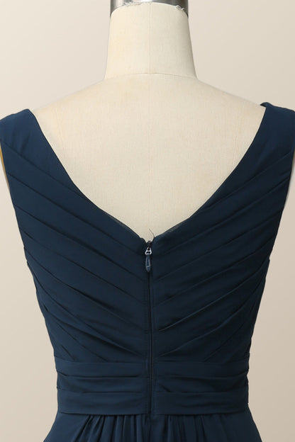 Navy Blue Pleated Chiffon A-line Long Bridesmaid Dress