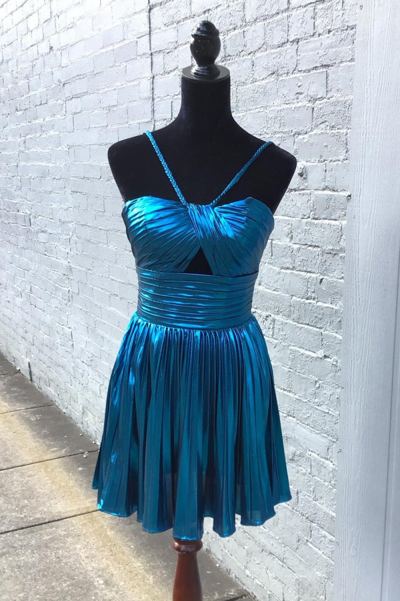 Gloden A-Line Metallic Spaghetti Strap Pleated Homecoming Dress